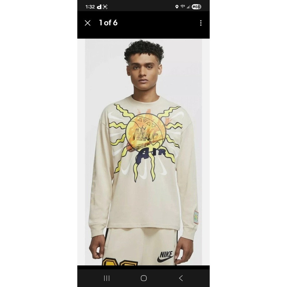 Nike Air Mens Travis Scott JDI Long Sleeve T Shirt Oatmeal Sz XL flames ball